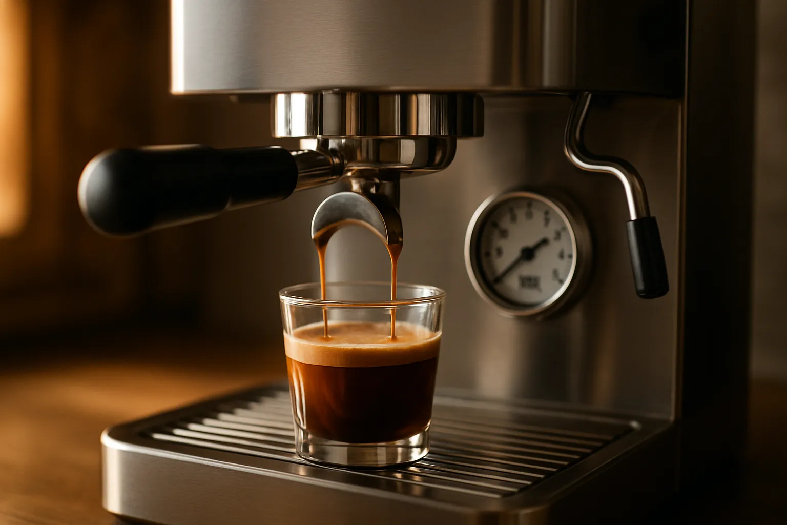 Manometer einer Espressomaschine zeigt optimalen Brühdruck von 9 bar während der Extraktion