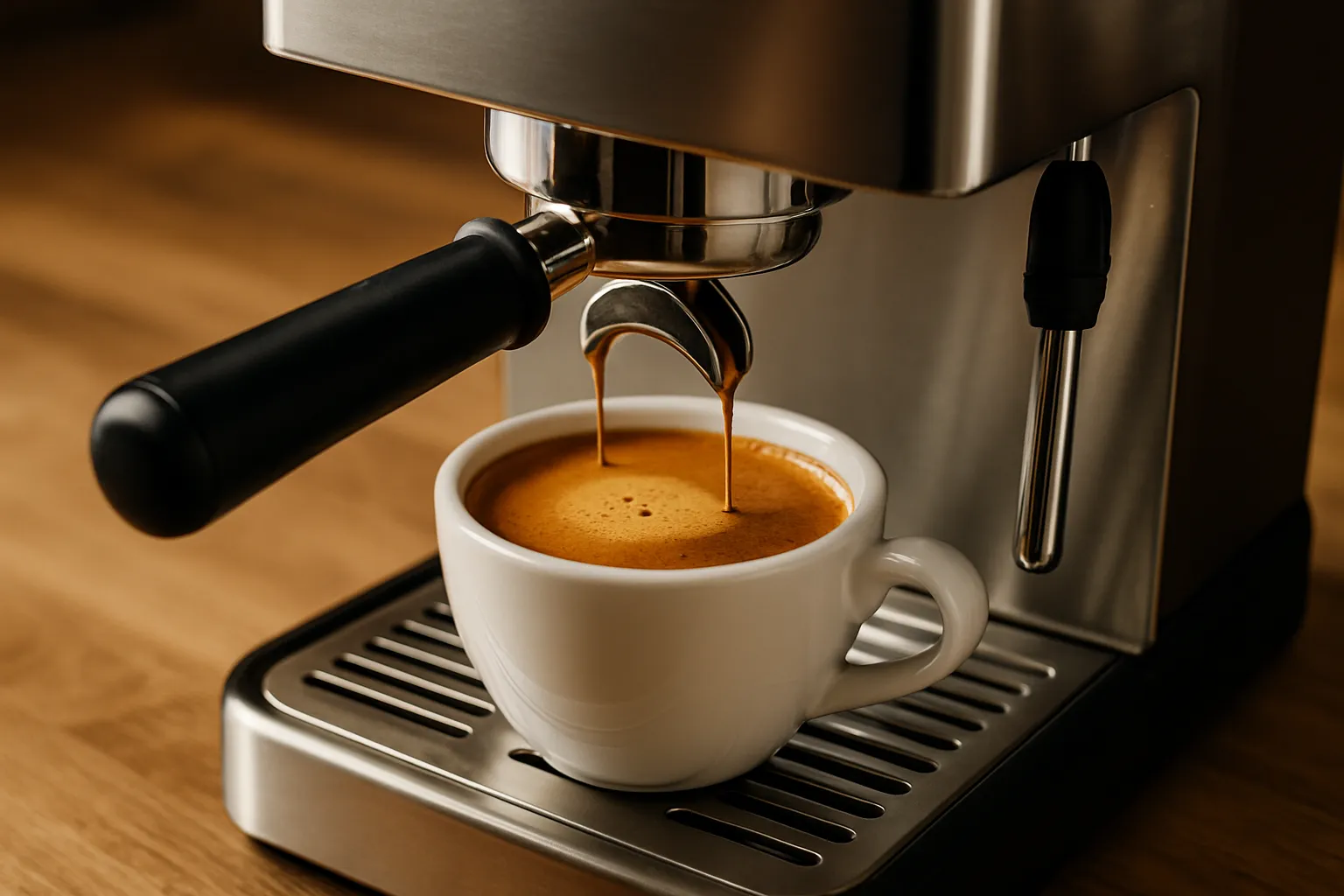 Nahaufnahme einer perfekten haselnussbraunen Espresso-Crema mit feiner Textur in einer weißen Tasse