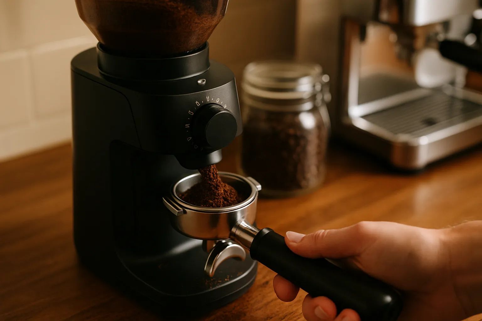 Barista stellt den Mahlgrad an einer Espressomühle ein und prüft die Kaffeemehl-Konsistenz zwischen den Fingern