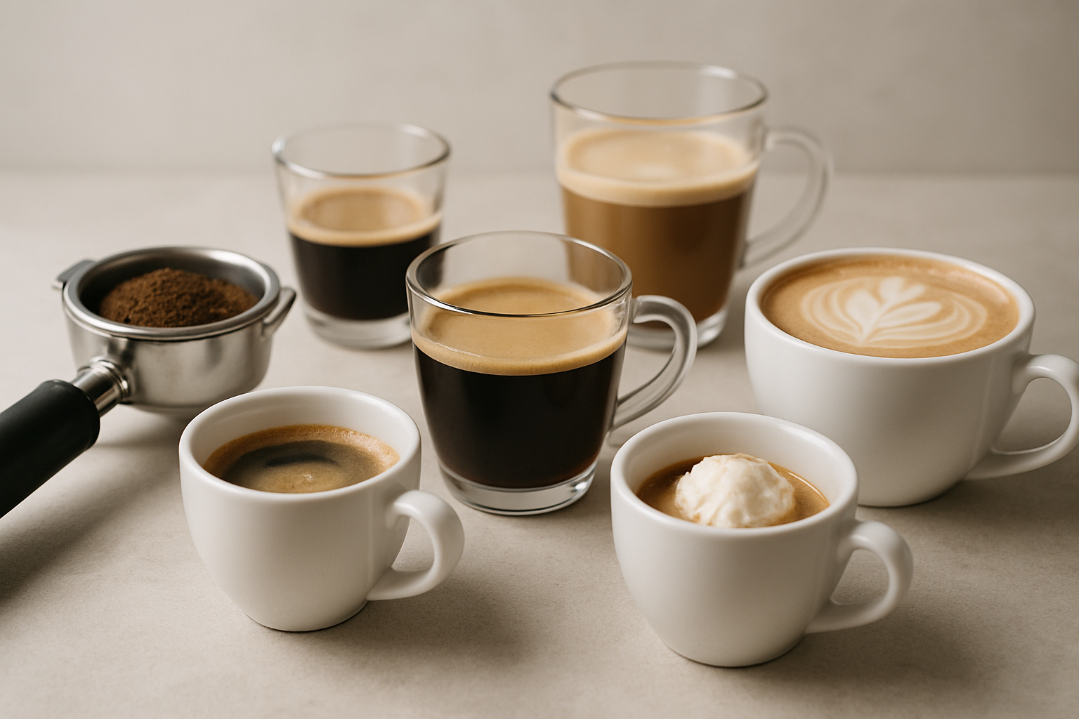 Verschiedene Espresso-Variationen in Gläsern und Tassen nebeneinander auf einer Theke