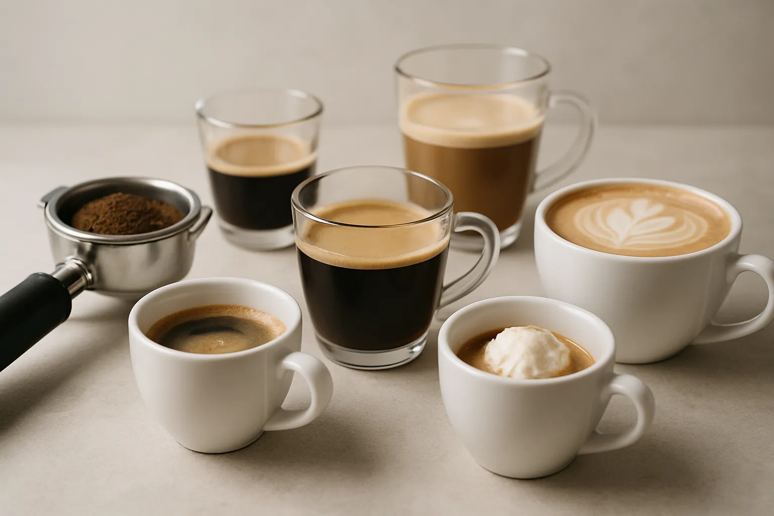 Verschiedene Espresso-Variationen in Gläsern und Tassen nebeneinander auf einer Theke