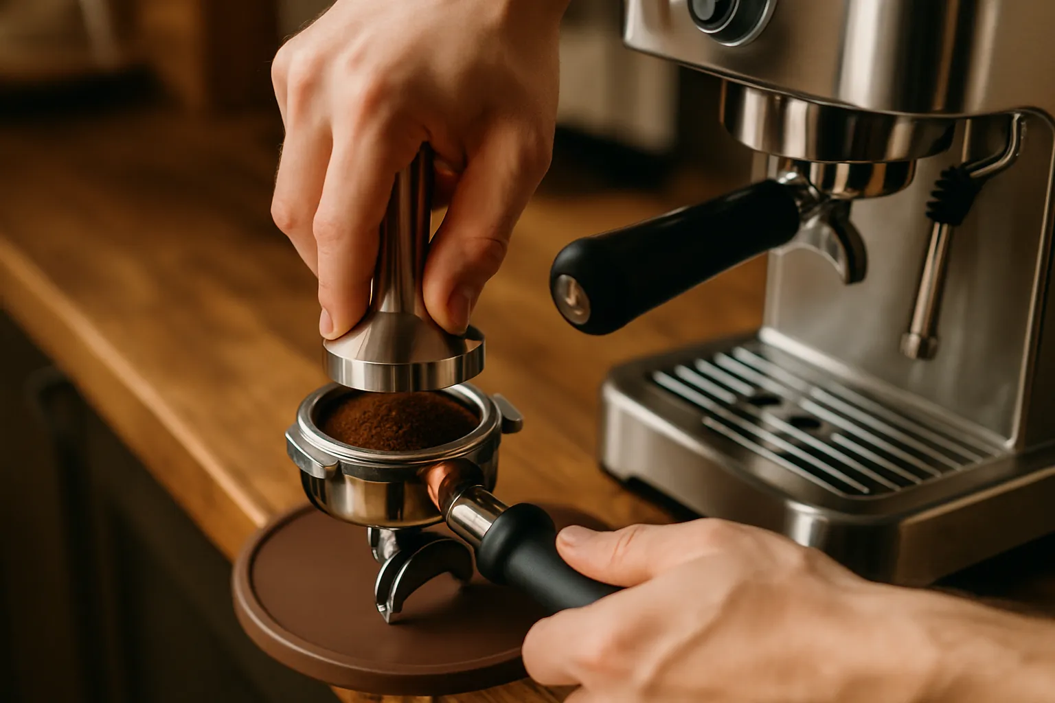 Barista tampert Espresso im Siebträger mit professioneller Technik