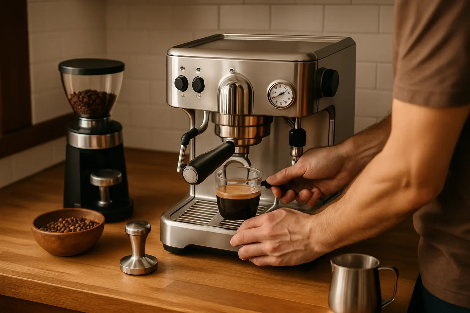 Organisierter Espresso-Arbeitsplatz mit Siebträgermaschine, Mühle, Waage und Zubehör in perfekter Anordnung