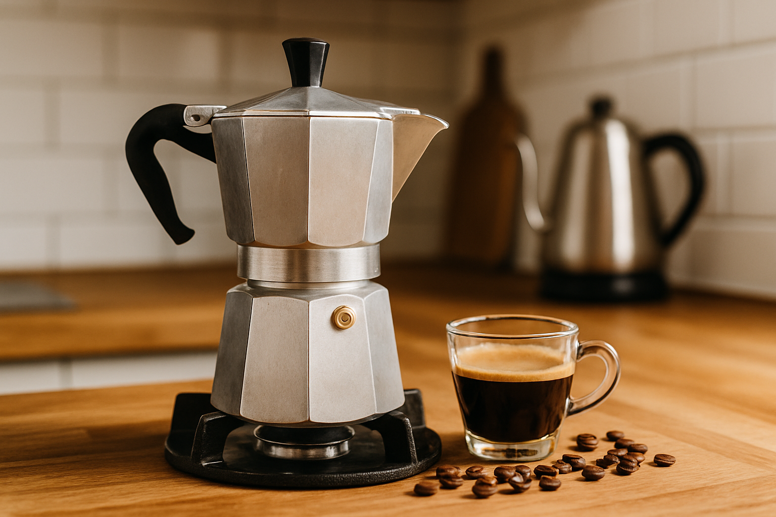 Klassische Bialetti Espressokocher auf dem Herd mit dampfendem Kaffee