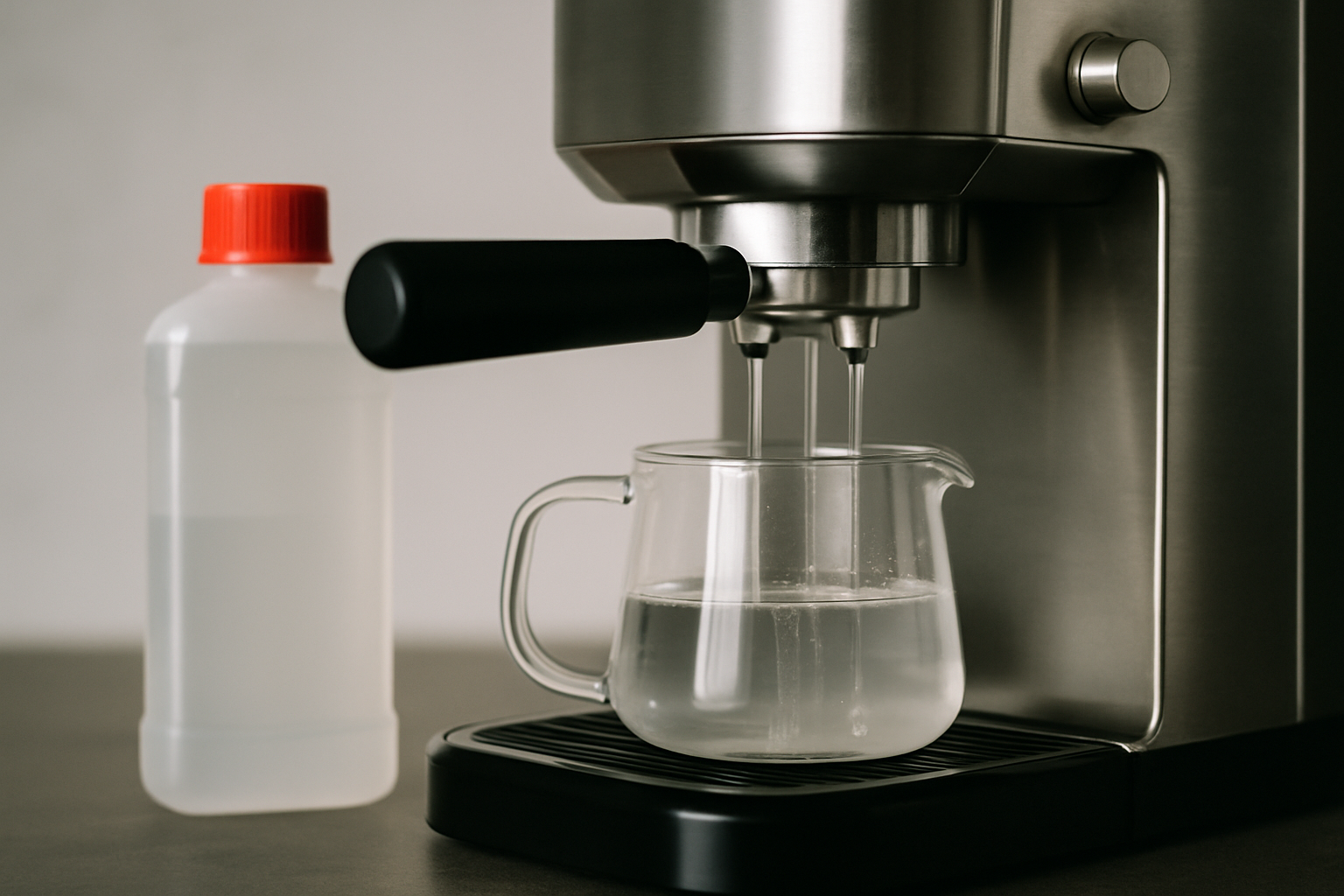 Espressomaschine wird entkalkt - Entkalkungslösung in Wassertank neben Siebträgermaschine