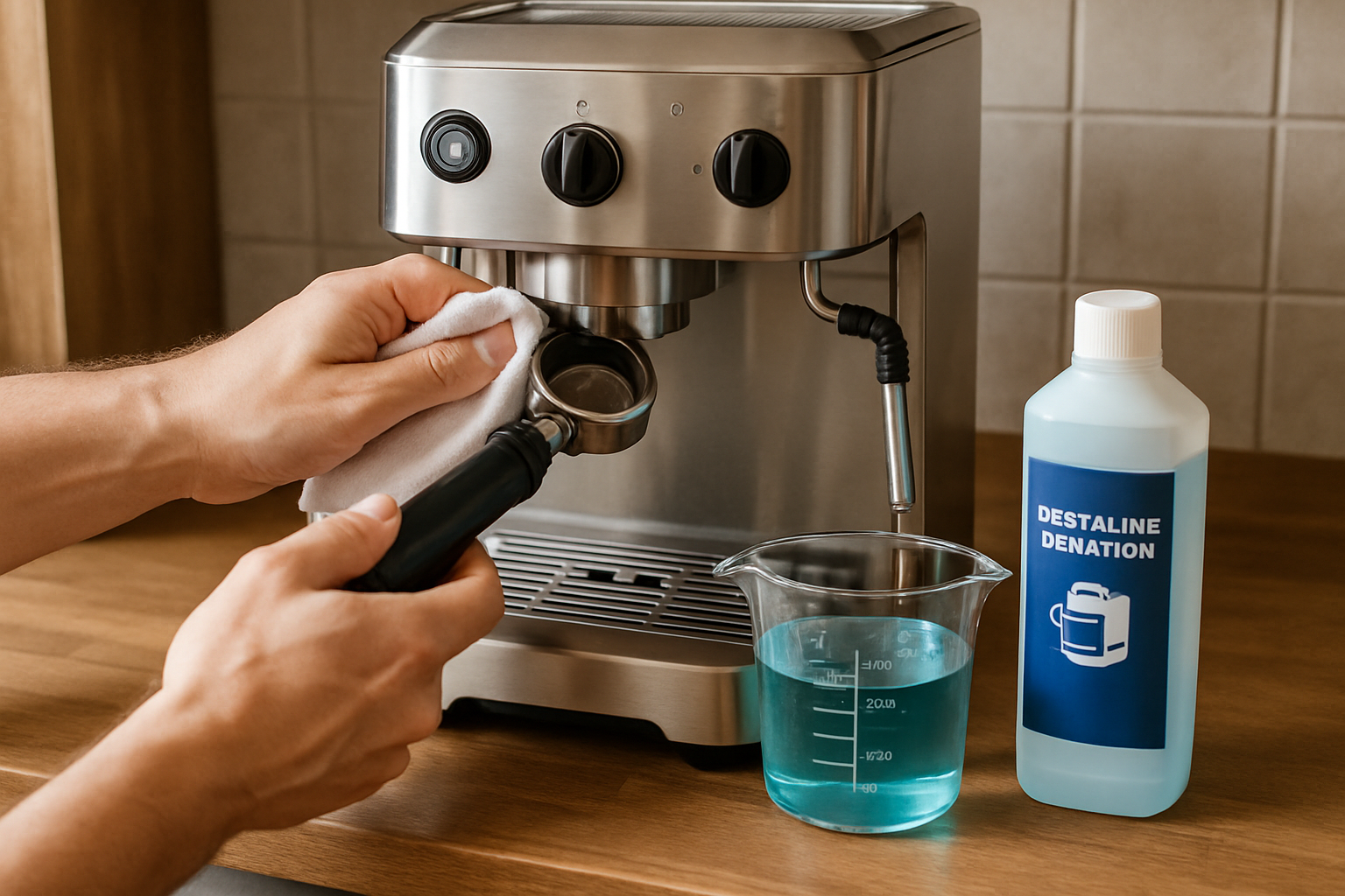 Saubere Siebträgermaschine wird mit Reinigungsbürste und Tuch gepflegt