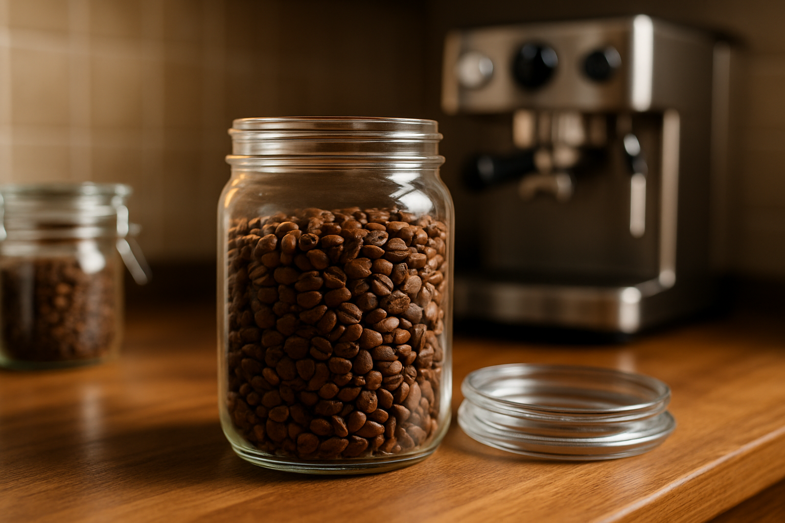 Frische Espressobohnen in einem luftdichten Vorratsbehälter mit Aromaventil neben einer Siebträgermaschine