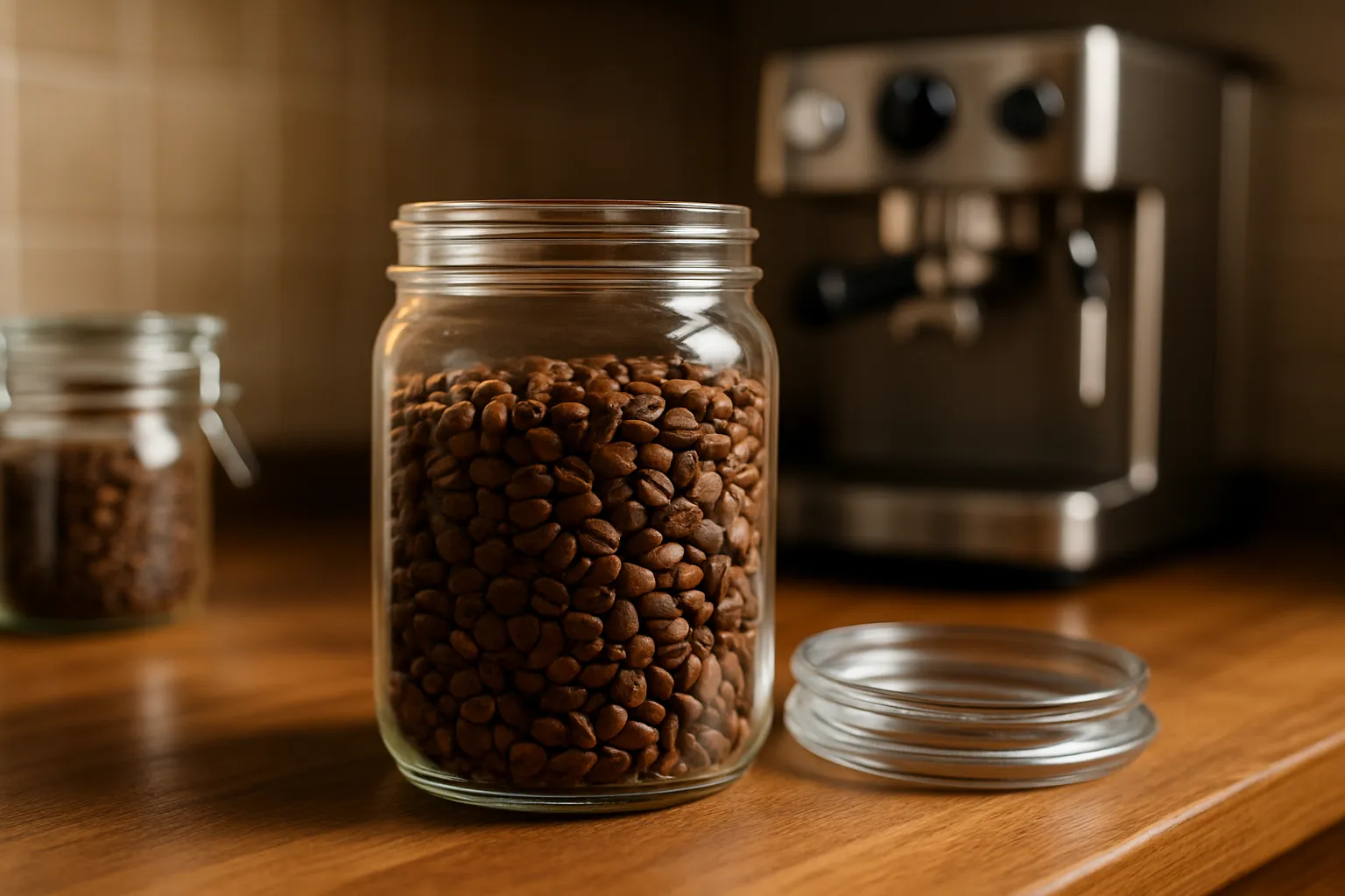 Frische Espressobohnen in einem luftdichten Vorratsbehälter mit Aromaventil neben einer Siebträgermaschine