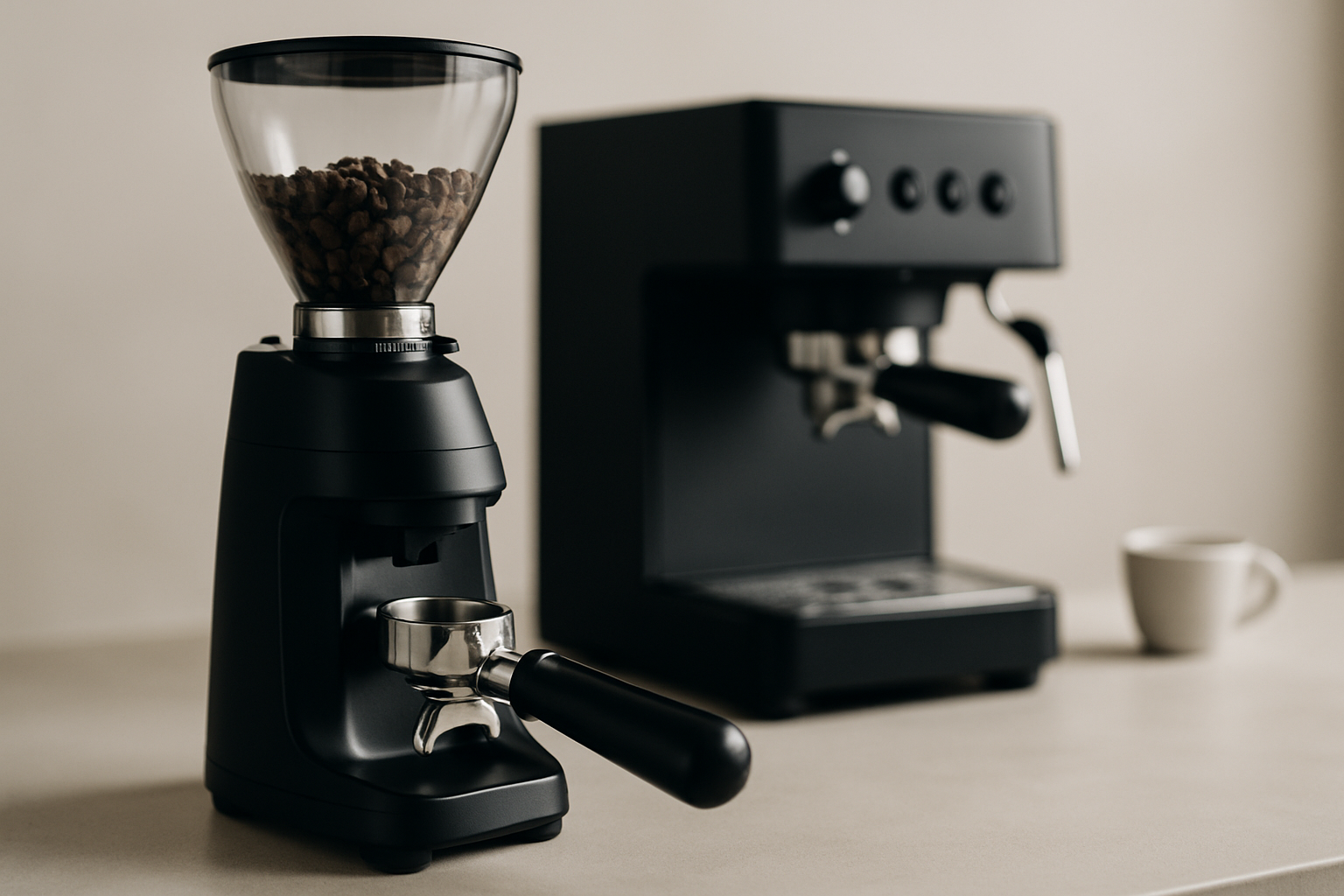 Hochwertige Espressomühle mahlt frische Kaffeebohnen in ein Sieb neben einer Siebträgermaschine