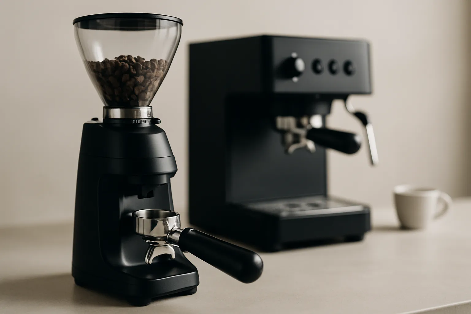 Hochwertige Espressomühle mahlt frische Kaffeebohnen in ein Sieb neben einer Siebträgermaschine