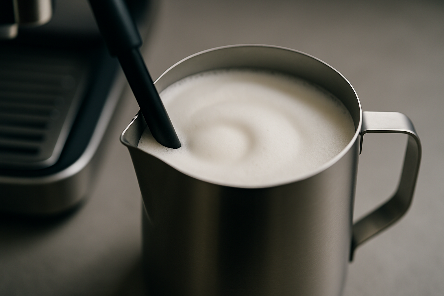 Barista schäumt Milch in einem Edelstahl-Milchkännchen mit der Dampfdüse einer Espressomaschine auf