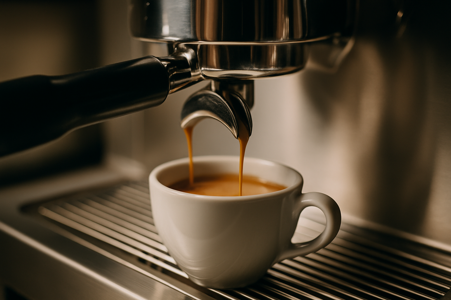 Perfekter Espresso mit goldener Crema wird aus einer Siebträgermaschine in eine weiße Tasse extrahiert
