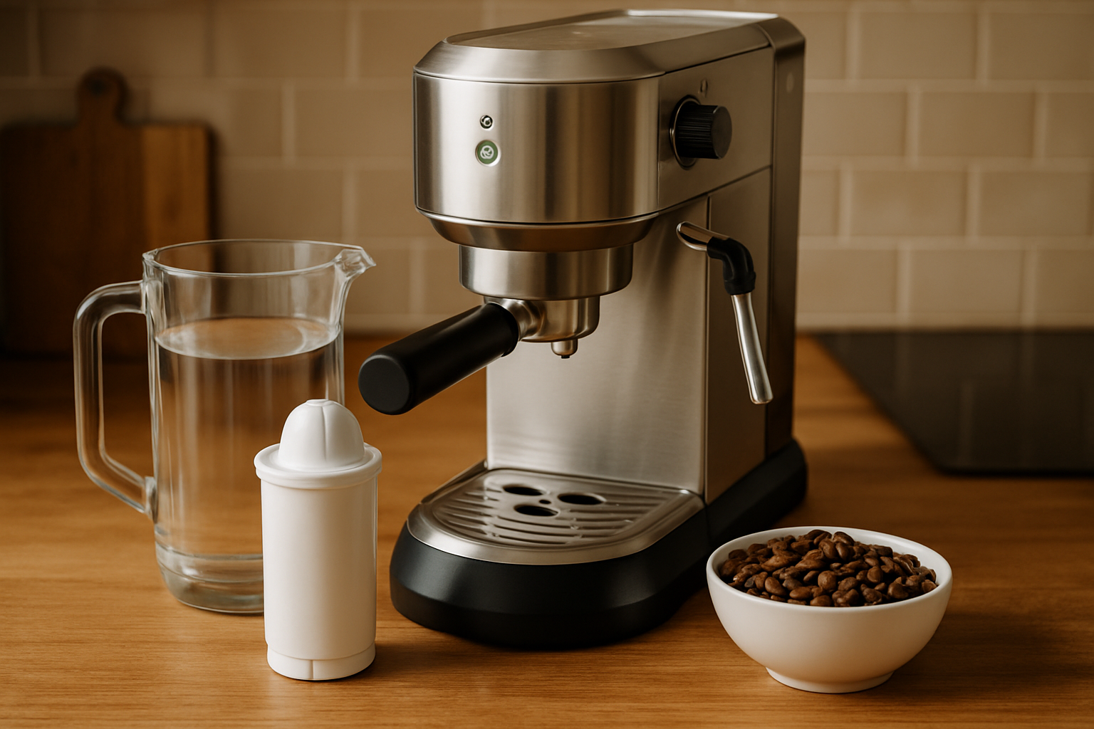 Klares Wasser wird in eine Espressomaschine gefüllt, symbolisiert optimale Wasserqualität für perfekten Espresso